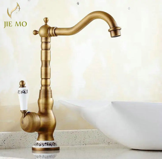 Artfan Antique Brass Porcelain Basin Mixer Hot Cold Tap - 360 Degree Swivel Kitchen Faucet