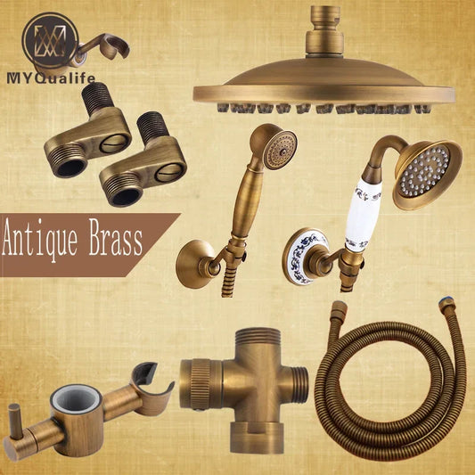 Artfan Antique Brass Shower Faucet Set with Rain Head, Hand Shower, Hose & Valve