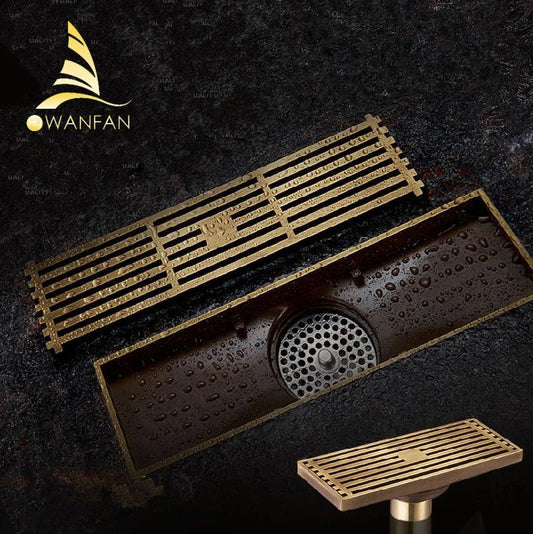 Artfan Antique Brass Linear Shower Floor Drain with Art Carved Cover