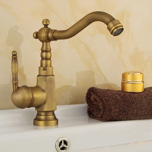 Artfan Antique Brass Bathroom Sink Faucet Swivel Spout Single Handle Hot Cold Mixer Tap