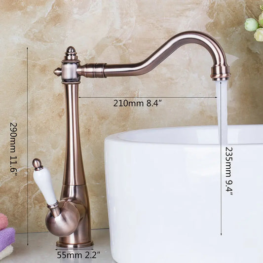 Artfan Antique Brass Swivel Kitchen Faucet with Ceramic Handle for Countertop Sink