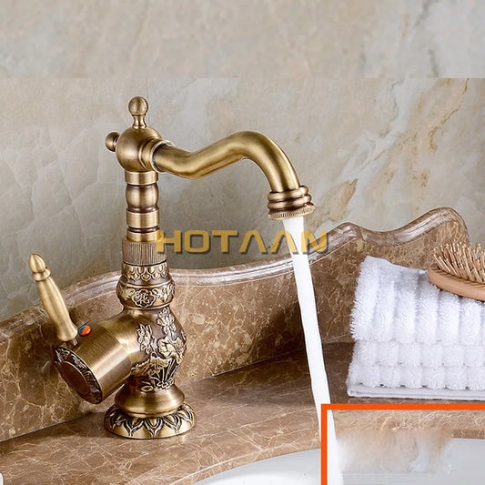 Artfan Antique Bronze Carving Kitchen Basin Faucet - Hot Cold Water Mixer Tap