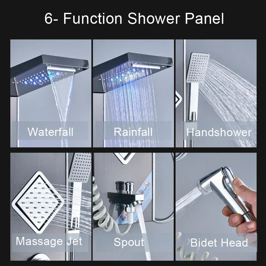 Artfan lighting Black LED Shower Panel Tower with Digital Screen and Thermostatic Mixer