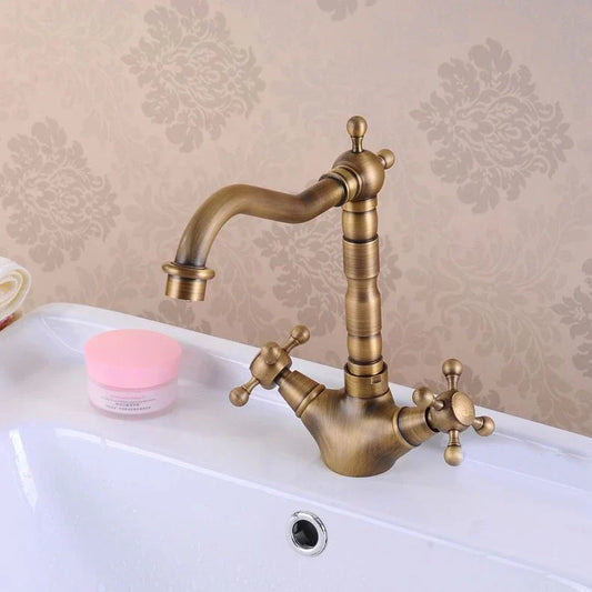 Artfan Antique Brass Double Cross Handle Basin Faucet - 360 Degree Swivel Spout