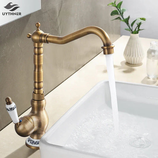 Artfan Antique Brass Single Handle Kitchen Sink Faucet Hot & Cold Water Mixer