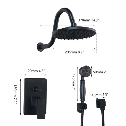 Artfan 8" Matte Black Wall Mounted Rainfall Shower Faucet Set with Handheld Shower