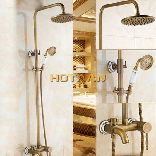 Artfan Antique Brass Rainfall Shower Faucet Set with Hand Shower