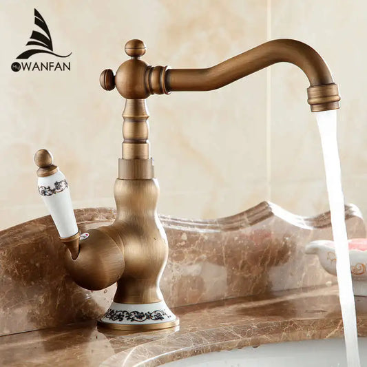 Artfan Antique Brass Single Handle Basin Faucet Swivel Spout Mixer Water Tap