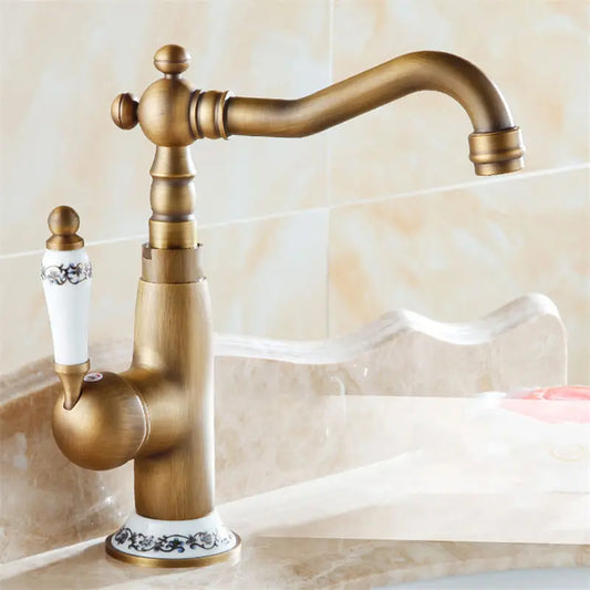Artfan Antique Brass Single Handle Basin Faucet Swivel Spout Mixer Water Tap