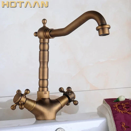 Artfan Antique Brass Basin Faucet with Swivel Spout and Cross Handles