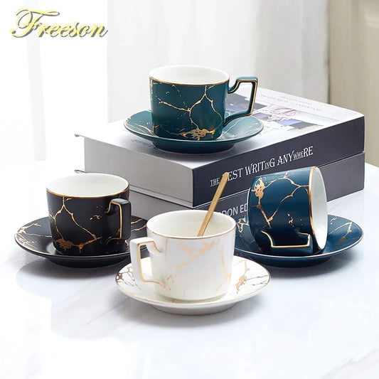 Artfan 200ml Marble Ceramic Tea Set with Spoon and Saucer