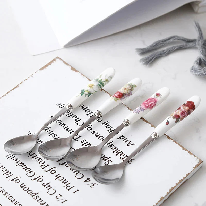 Artfan 6-Piece Coffee Spoon Set, European Bone China & Stainless Steel Tableware