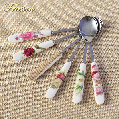 Artfan 6-Piece Coffee Spoon Set, European Bone China & Stainless Steel Tableware