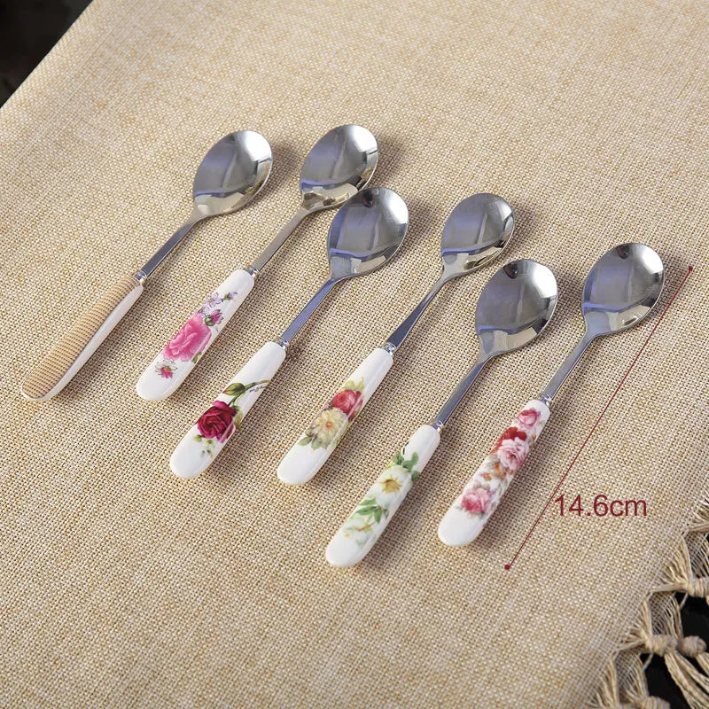 Artfan 6-Piece Coffee Spoon Set, European Bone China & Stainless Steel Tableware