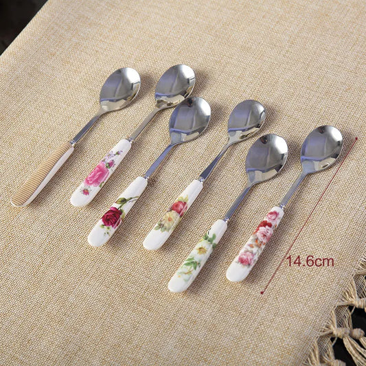 Artfan 6-Piece Coffee Spoon Set, European Bone China & Stainless Steel Tableware