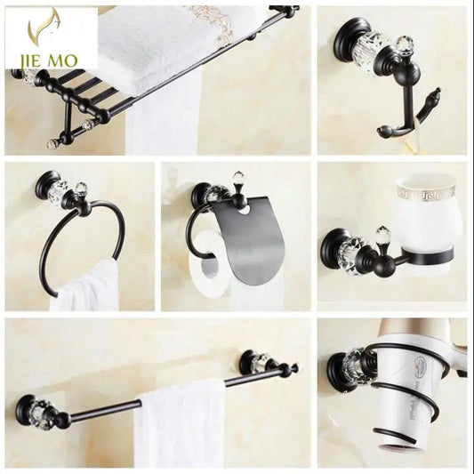 Artfan lighting Black Brass & Crystal Bathroom Accessories Set - Towel Rack, Towel Bar, Paper Holder, Soap Dish, Cup Holder, Toilet JM251
