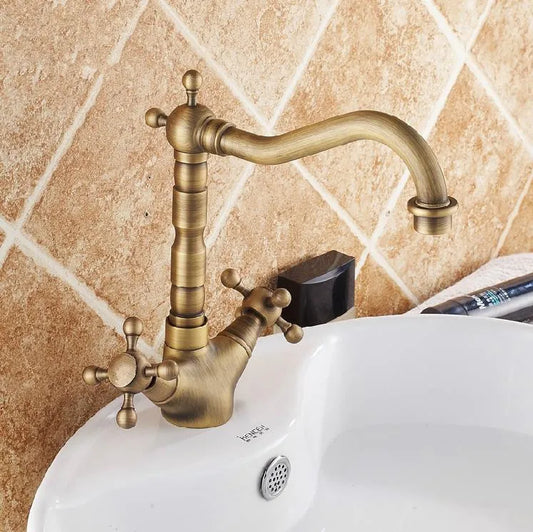 Artfan Antique Bronze Brass Swivel Basin Faucet with 2 Lever Handles