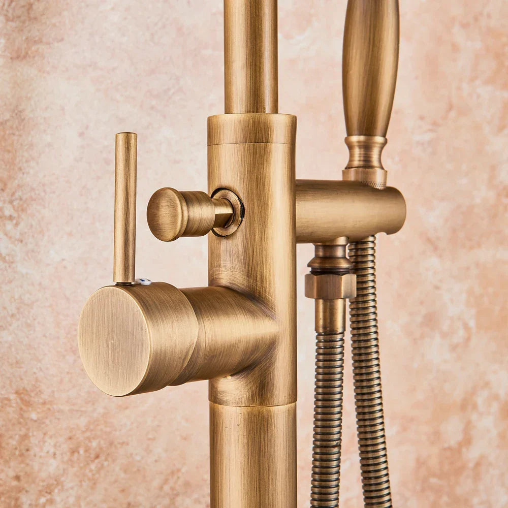 Artfan Antique Brass Floor Mount Tub Faucet Swivel Spout Shower Mixer Tap