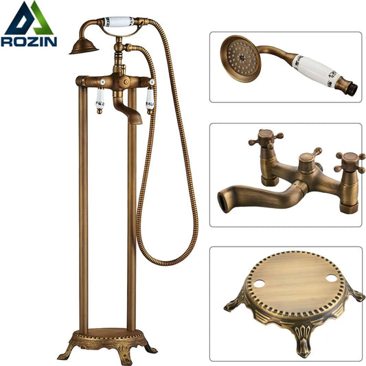 Artfan Antique Brass Freestanding Bathtub Filler with Hand Shower