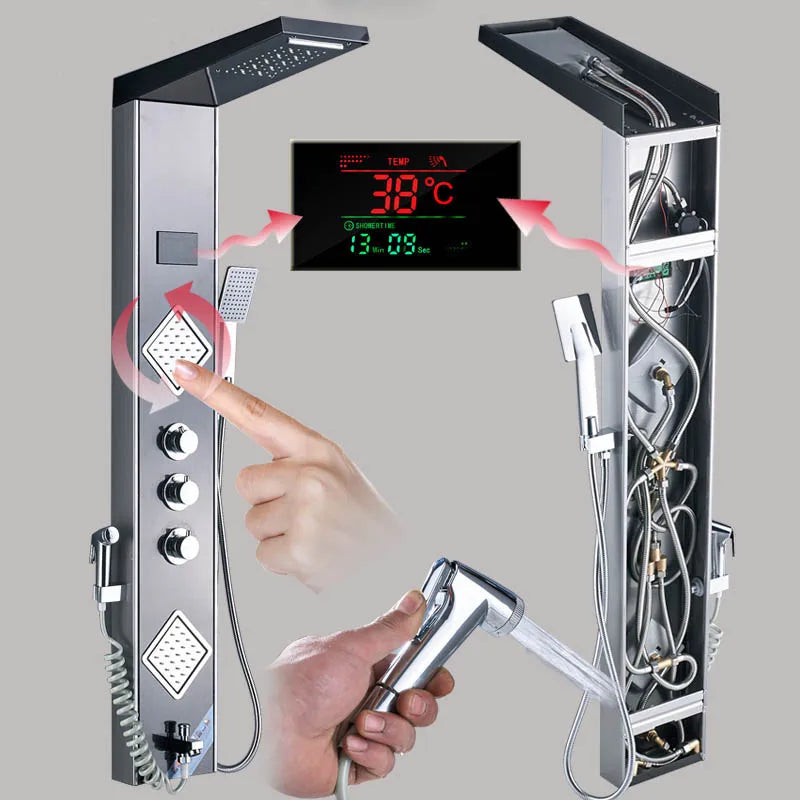 Artfan lighting Black LED Shower Panel Tower with Digital Screen and Thermostatic Mixer