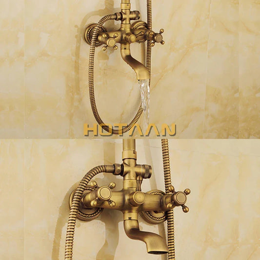 Artfan Antique Brass Shower Faucet Set with Rainfall Shower Head and Hand Shower
