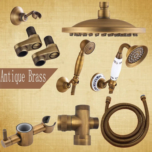 Artfan Antique Brass Shower Set: 8" Rain Head, Hand Shower, Hose, Angle Valve, Bracket