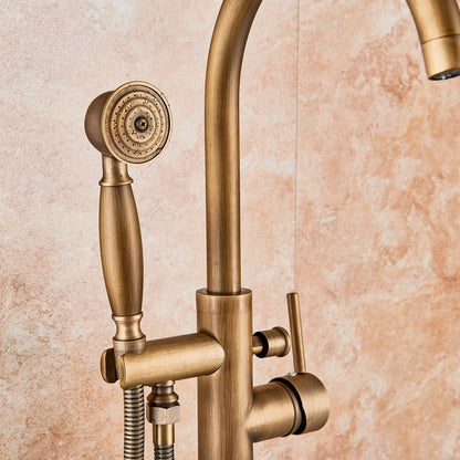 Artfan Antique Brass Floor Mount Tub Faucet Swivel Spout Shower Mixer Tap