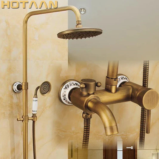 Artfan Antique Brass Rainfall Shower Faucet Set with Hand Shower