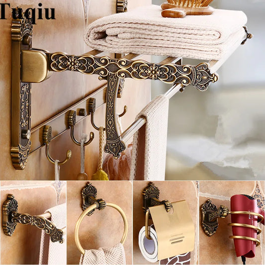 Artfan Antique Bronze Carved Aluminum Bathroom Accessories Set: Towel Rack, Paper Holder, Hooks