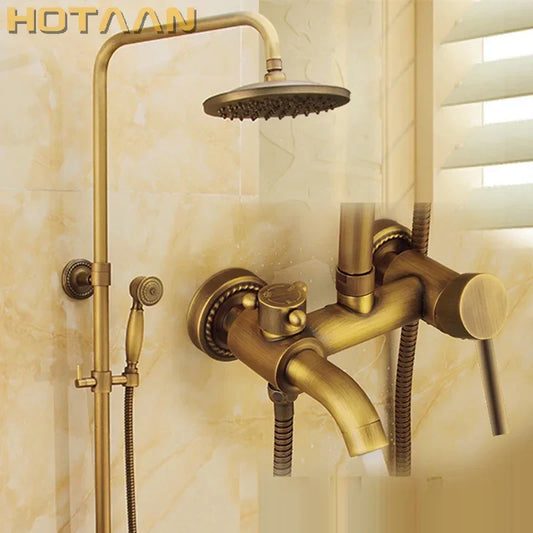 Artfan Antique Brass Shower Faucet Set with Rainfall Mixer Valve and Hand Shower