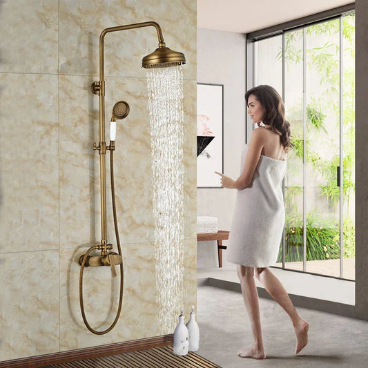 Artfan Antique Brass Shower Set with 8" Rainfall Head and Hand Sprayer