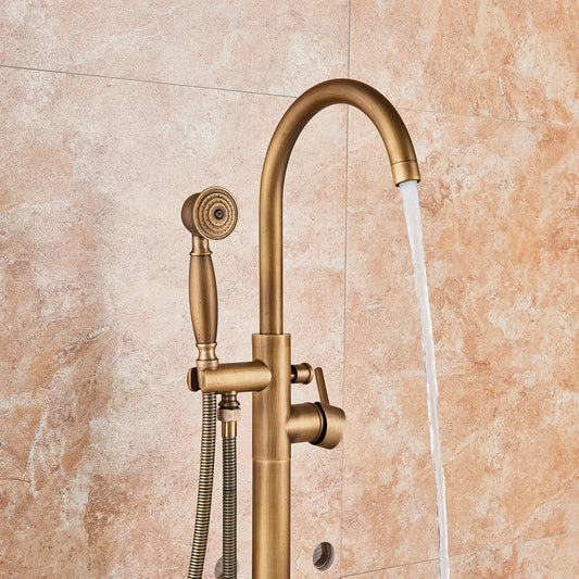 Artfan Antique Brass Floor Mount Tub Faucet Swivel Spout Shower Mixer Tap