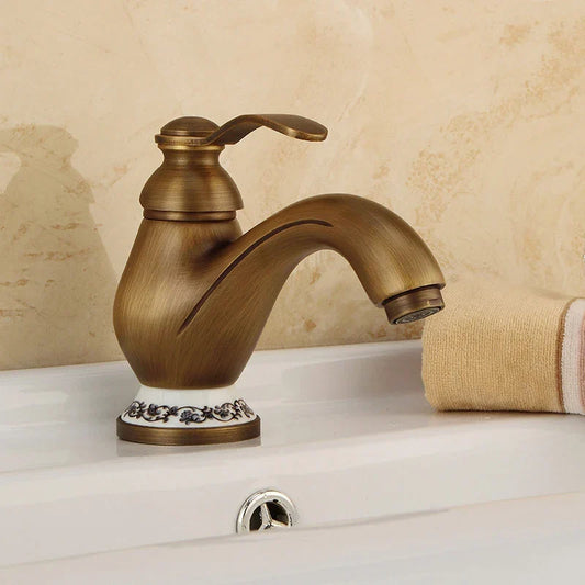 Artfan Antique Brass Single Handle Deck Mount Bathroom Sink Faucet.