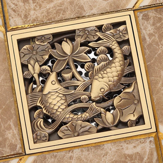 Artfan Antique Brass Square Fish Carved Bathroom Floor Drain Hair Strainer