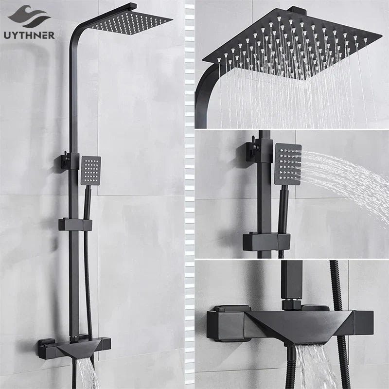 Artfan lighting Black Thermostatic Rain Shower Faucet Set for Wall Mounted Bathrooms
