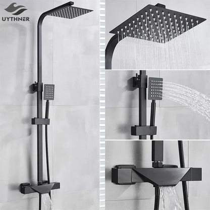 Artfan lighting Black Thermostatic Rain Shower Faucet Set for Wall Mounted Bathrooms