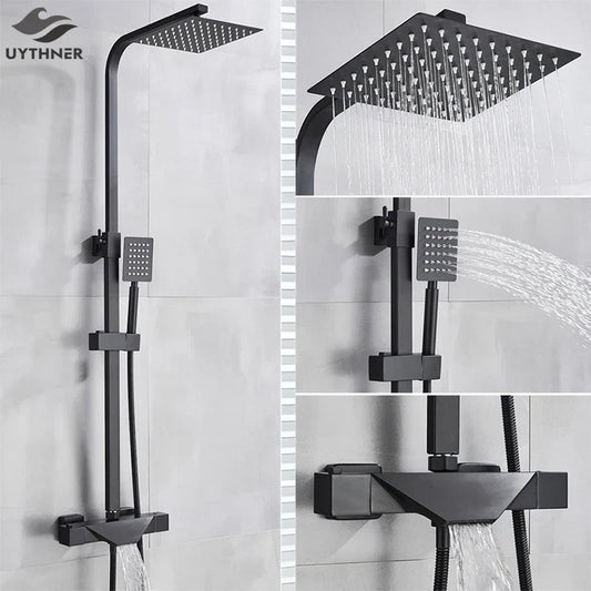 Artfan lighting Black Thermostatic Rain Shower Faucet Set for Wall Mounted Bathrooms