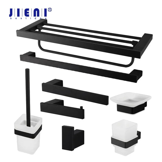 Artfan lighting Black Matte Stainless Steel Bathroom Hardware Set: Paper Holder, Toothbrush Holder, Towel Bar & Accessories