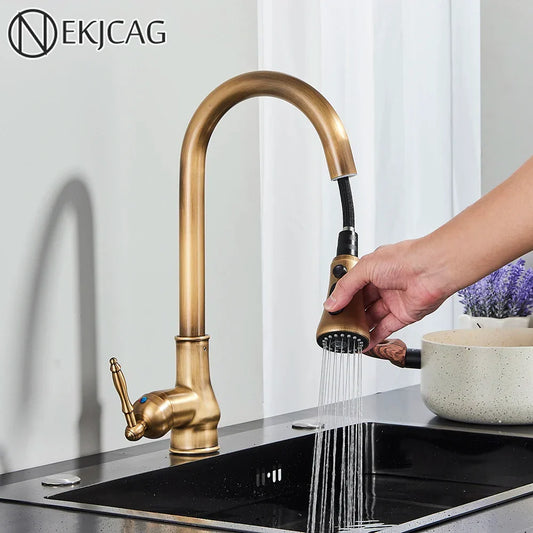Artfan Antique Brass Kitchen Faucet with Pull Down Spout and Single Handle