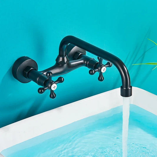 Artfan Antique Brass Basin Faucet Wall Mounted Dual Handles Swivel Spout Mixer Tap