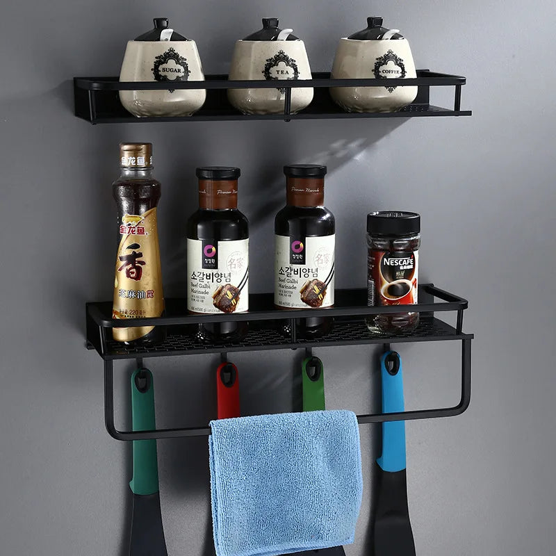 Artfan lighting Black Aluminum Bathroom Shelf with Towel Bar Wall Mounted - Bath Shower Shampoo Holder