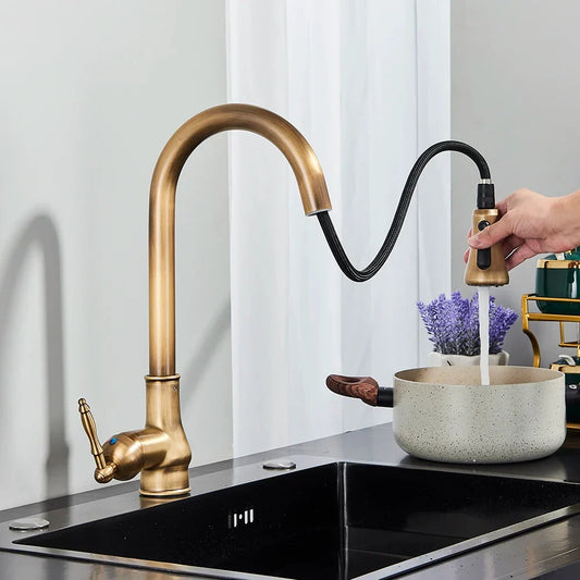 Artfan Antique Brass Kitchen Faucet with Pull Down Spout and Single Handle