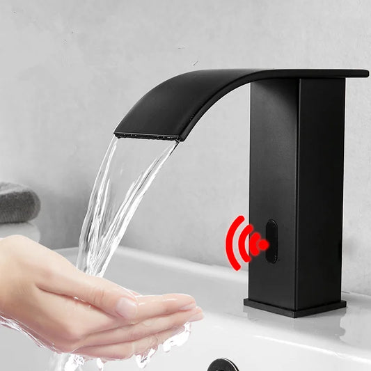 Artfan lighting Black Sensor Waterfall Basin Faucet - Automatic Touchless Hot Cold Water Mixer