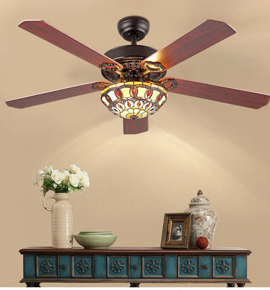 Artfan 52-inch Tiffany Ceiling Fan Light with Remote Control and Wood Leaf Design