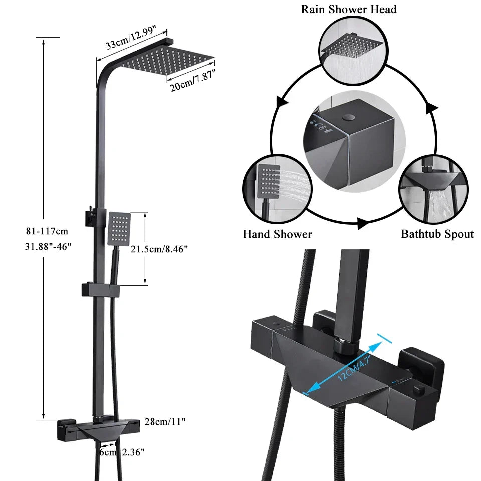 Artfan lighting Black Thermostatic Rain Shower Faucet Set for Wall Mounted Bathrooms