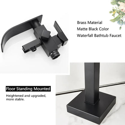 Artfan Matte Black Waterfall Bathtub Shower Faucet, Floor Standing Hot Cold Mixer Tap
