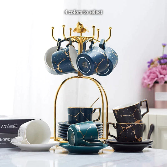 Artfan 200ml Marble Ceramic Tea Set with Spoon and Saucer