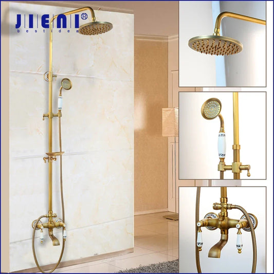 Artfan Antique Brass Rainfall Shower Faucet Set with Handshower and Shelf