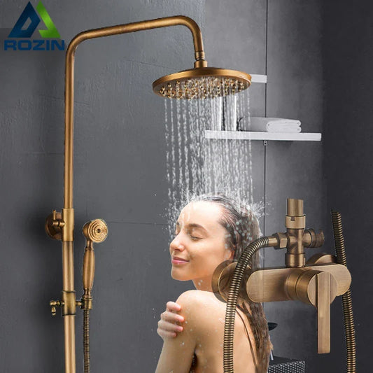 Artfan Antique Brass Shower Set Single Handle Wall Mount Rainfall Mixer Faucet