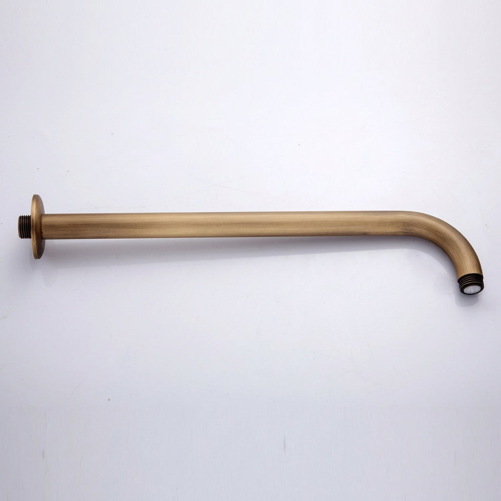 Antique brass finish wall-mounted shower arm with curved outlet, 37 cm